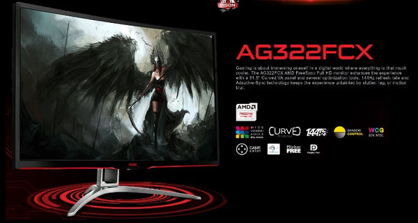 AOC 31.5' AGON 144Hz 1ms, Curved, FreeSync ,VA Panel, Full HD, Metal Bezel - HDMI/DP/DVI/VGA,Tilt, Shadow Control, Game Mode, Gaming Monitor (LS) AOC