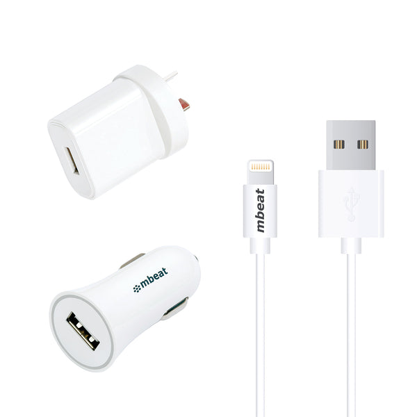mbeat 3-in-1 MFI USB Lightning Charging Kit (1m Lighting to USB Cable + 2.1A Car & Wall Charger) MBEAT