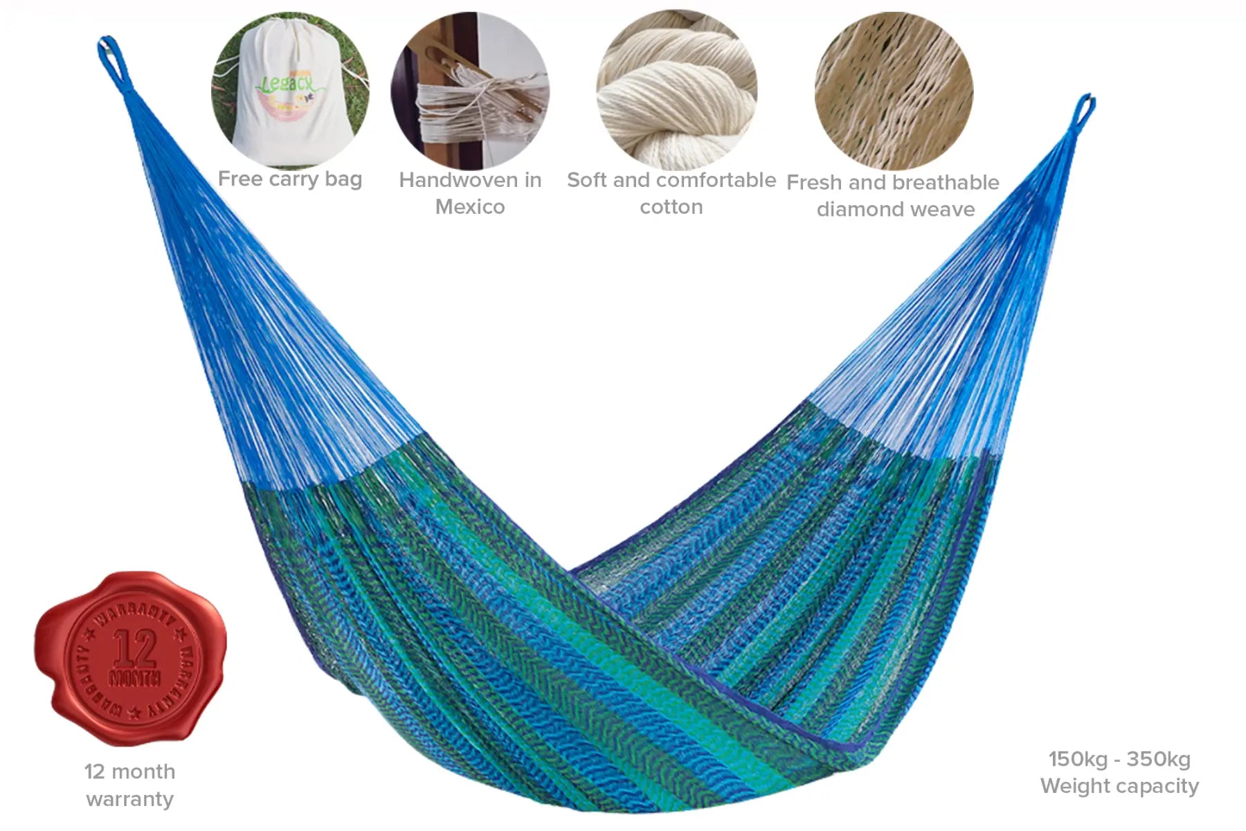 Mayan Legacy Queen Size Cotton Mexican Hammock in Caribe Colour Deals499