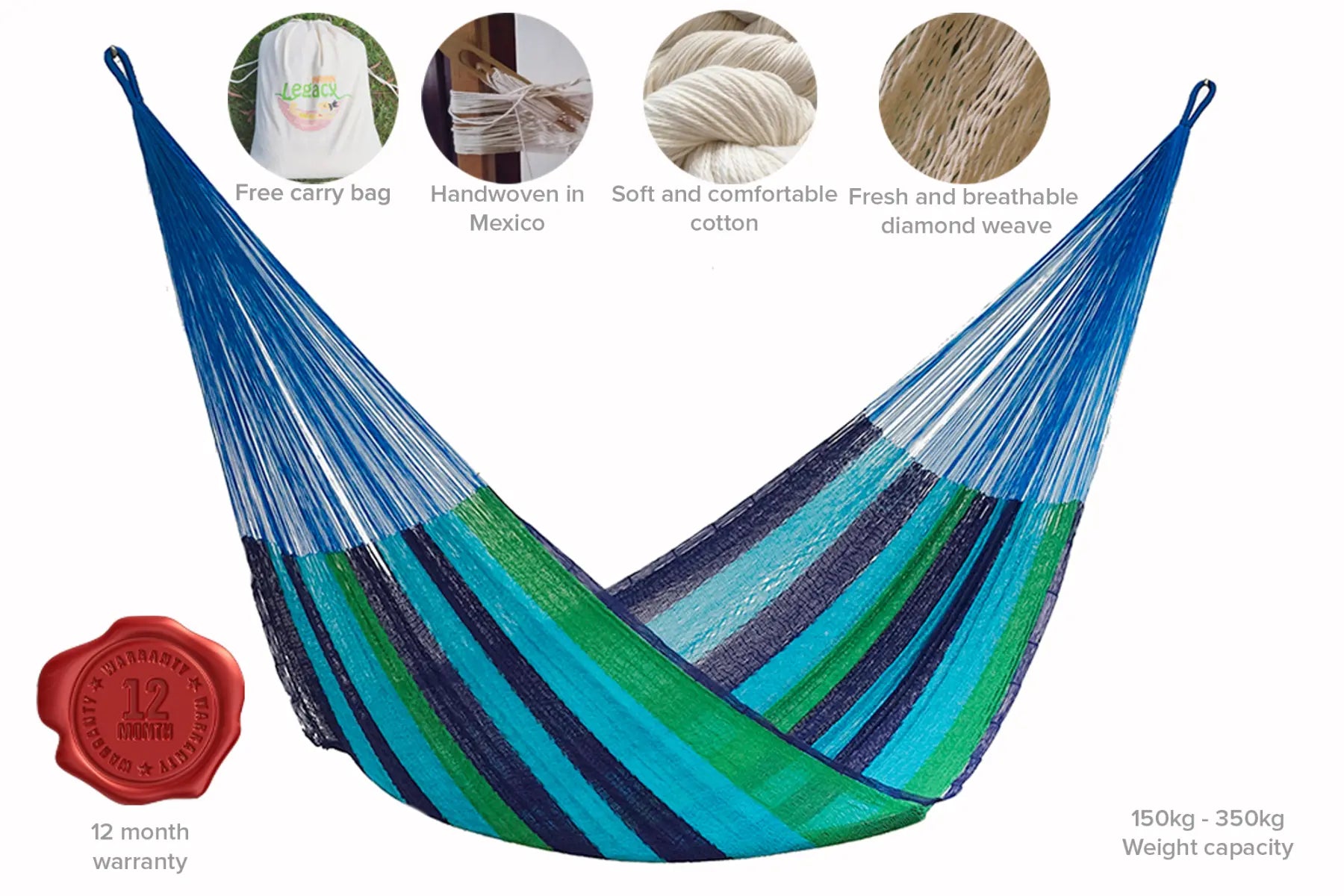 Mayan Legacy Queen Size Cotton Mexican Hammock in Oceanica Colour Deals499