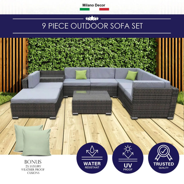 Milano 9 Piece Wicker Rattan Sofa Set Oatmeal Grey Outdoor Lounge Furniture Deals499