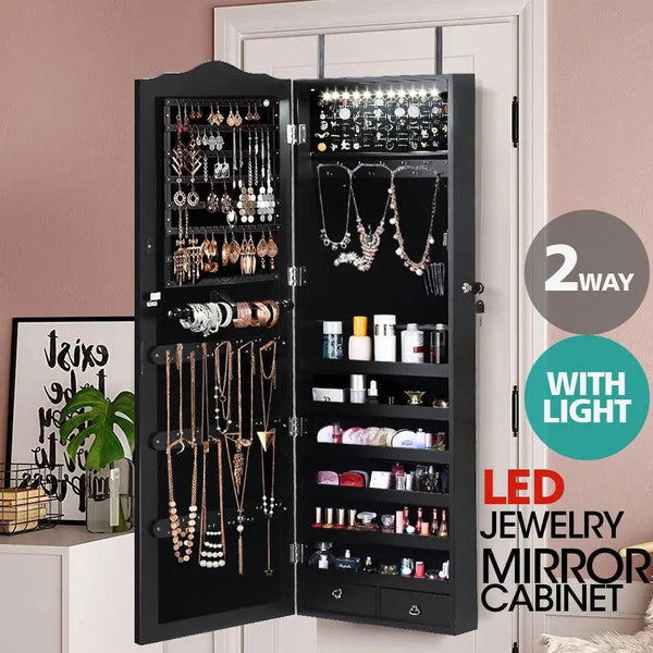Mirror Jewellery Cabinet Makeup Storage Ear Ring Necklace Box Organiser with LED Deals499