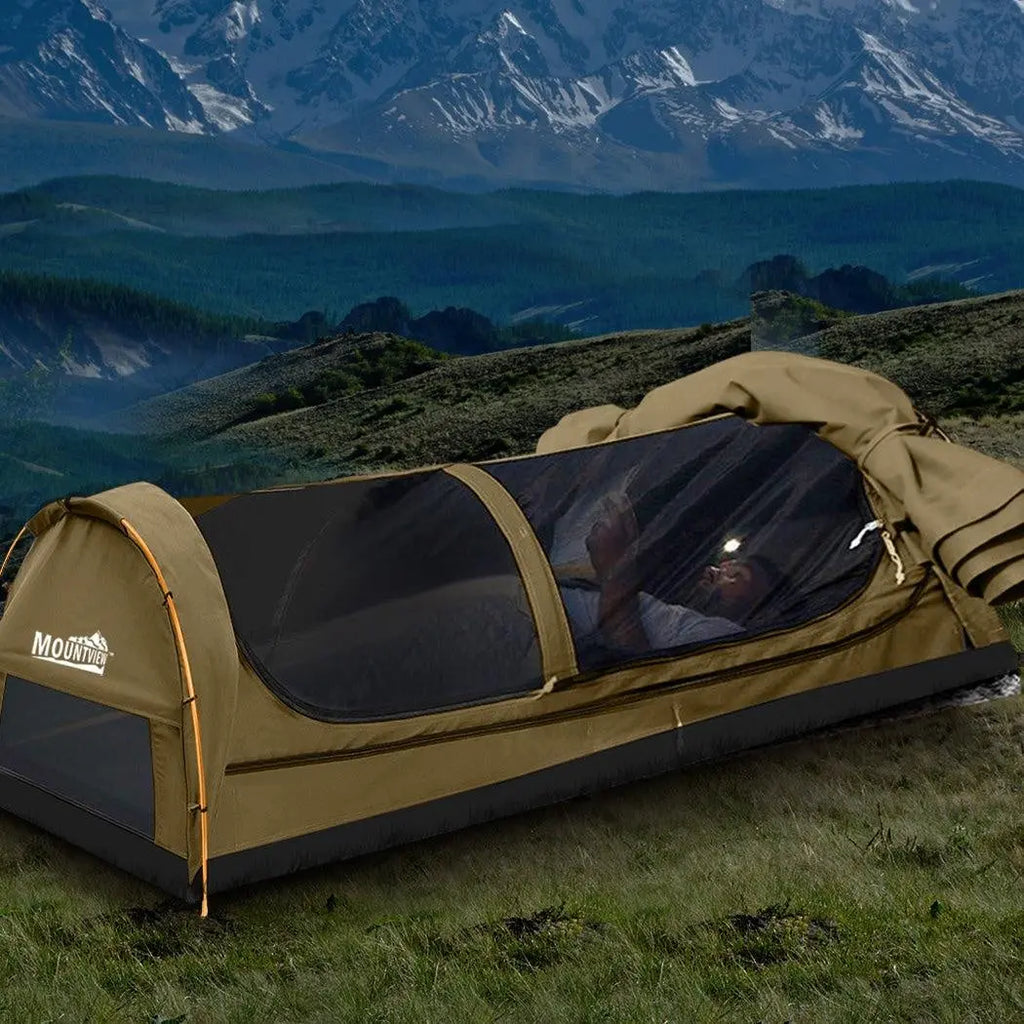 Mountview King Single Swag Camping Swags Canvas Dome Tent Hiking Mattress Khaki Deals499