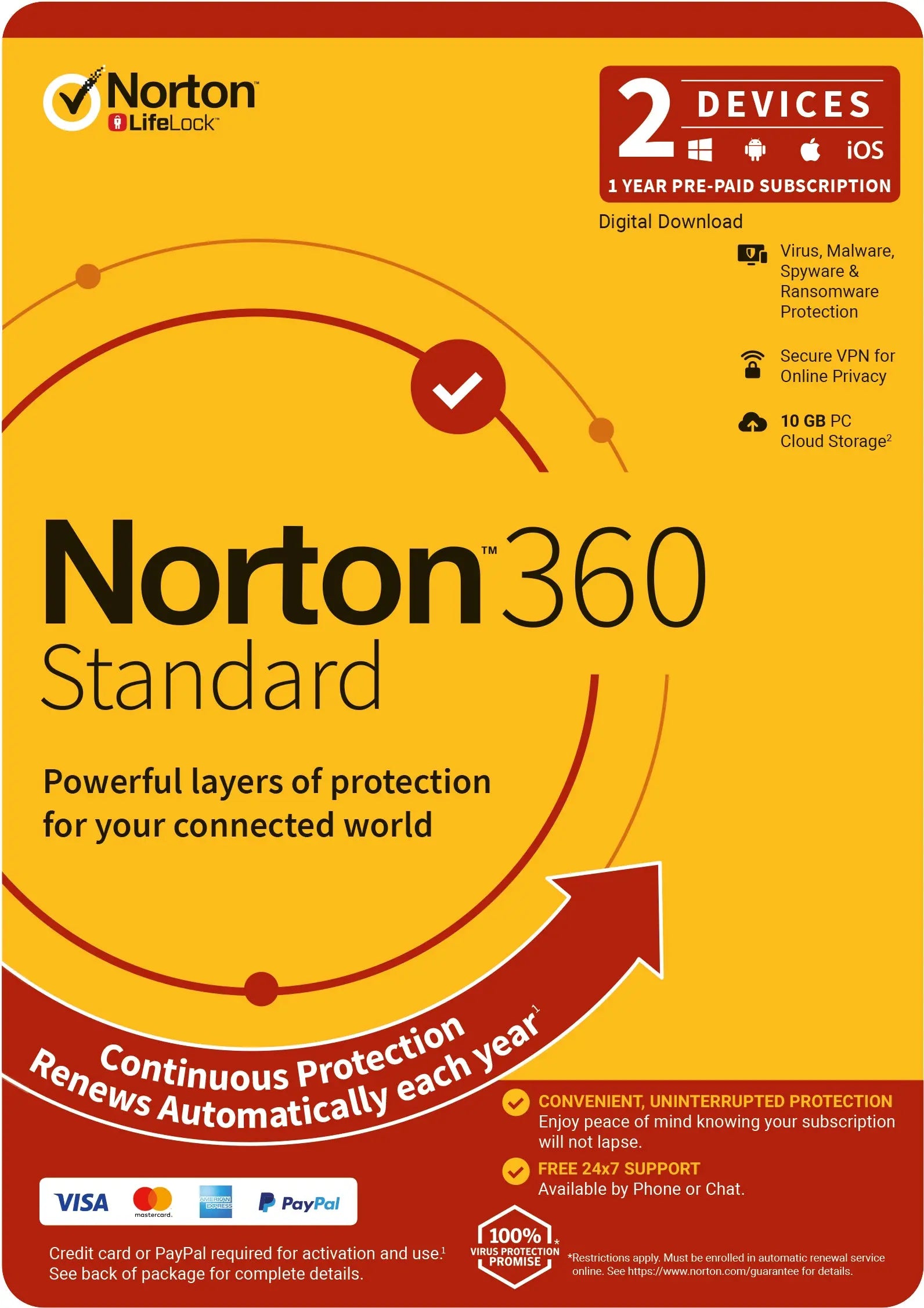NORTON 360 Standard, 10GB, 1 User, 2 Devices, 12 Months, PC, MAC, Android, iOS, DVD, OEM, Subscription NORTON
