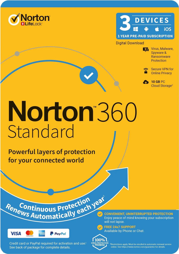 NORTON 360 Standard, 10GB, 1 User, 3 Devices, 12 Months, PC, MAC, Android, iOS, DVD, Subscription NORTON