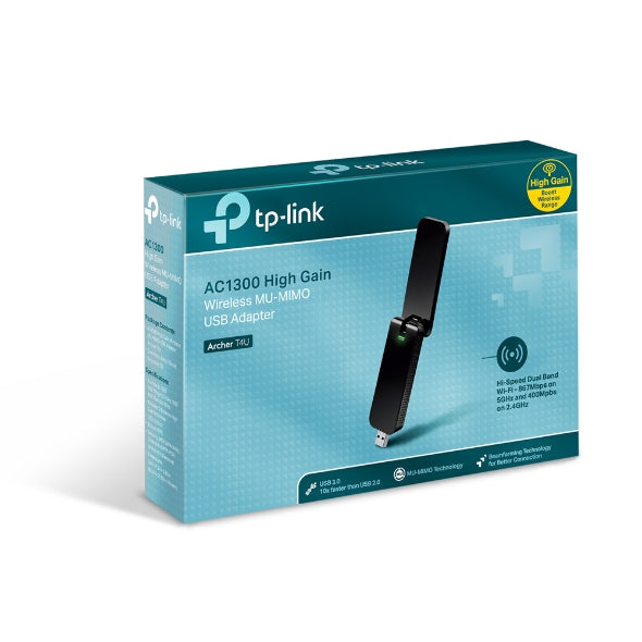 TP-LINK Archer T4U AC1300 Wireless Dual Band USB Adapter 2.4GHz (400Mbps) 5GHz (867Mbps) 1xUSB3 802.11ac Omni Directional Antenna WPS button USB Ext C TP-LINK
