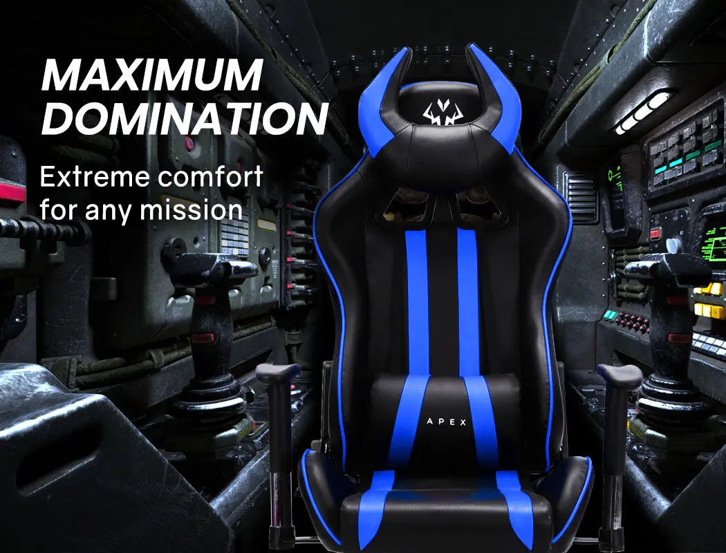 OVERDRIVE Diablo Reclining Gaming Chair Black & Blue Computer Lumbar Office Horns Deals499