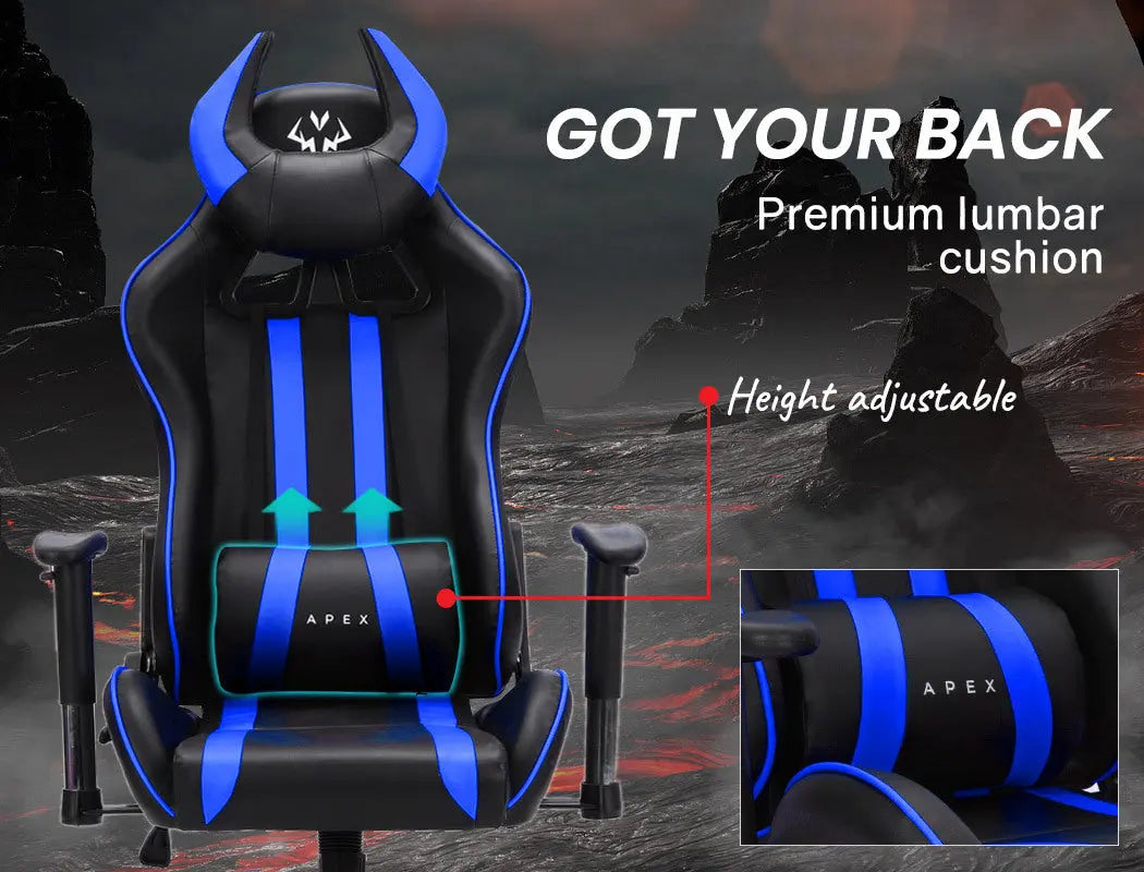 OVERDRIVE Diablo Reclining Gaming Chair Black & Blue Computer Lumbar Office Horns Deals499