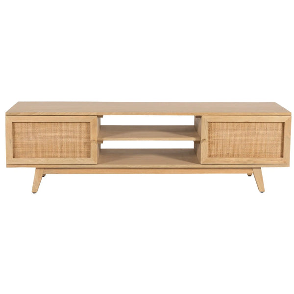 Olearia  ETU Entertainment TV Unit 150cm Solid Mango Wood Rattan 2 Door Natural Deals499
