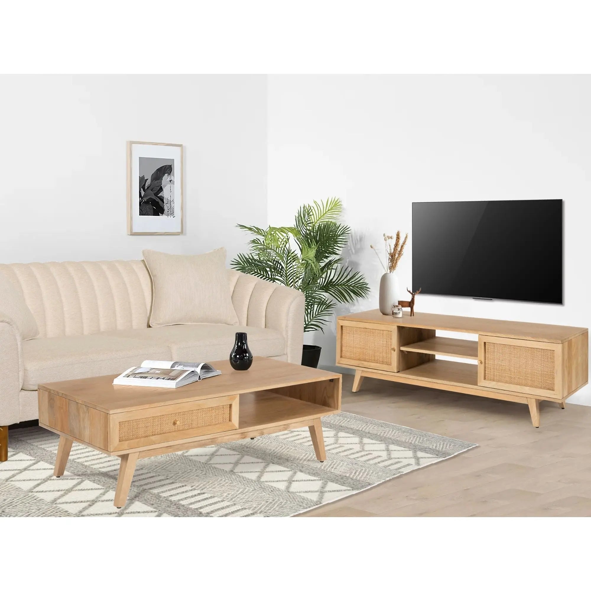 Olearia  ETU Entertainment TV Unit 150cm Solid Mango Wood Rattan 2 Door Natural Deals499