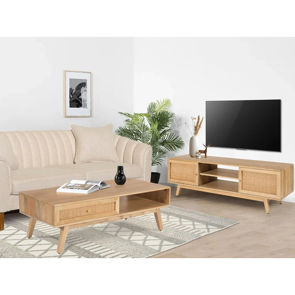Olearia  ETU Entertainment TV Unit 175cm Solid Mango Wood Rattan 2 Door Natural Deals499
