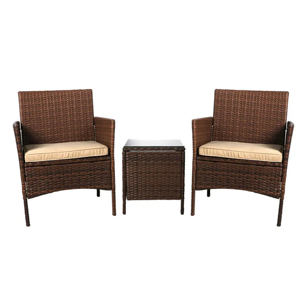 Outdoor Furniture Set Patio Garden 3 Pcs Chair Table Rattan Wicker Cushion Seat Brown Deals499