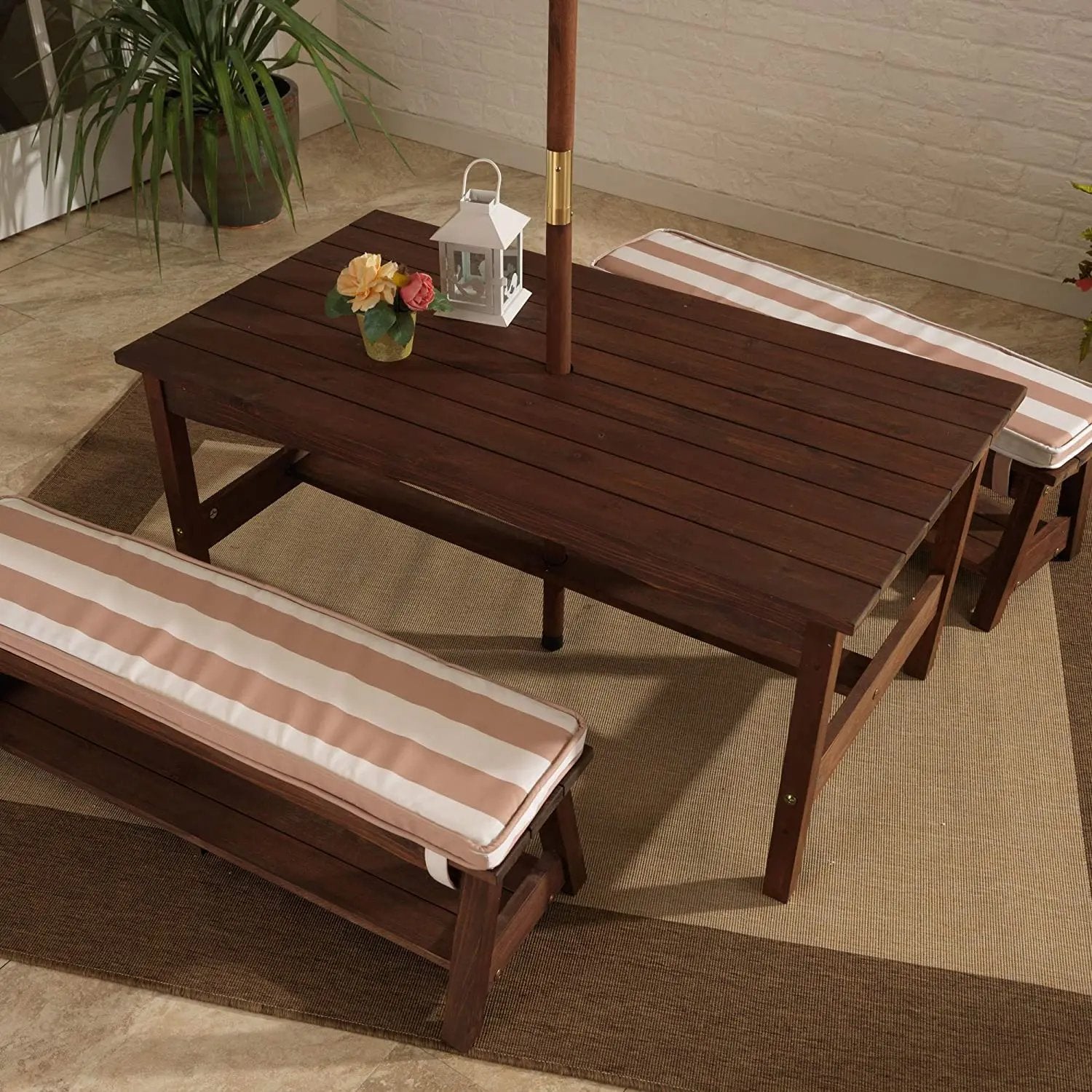 Outdoor Table & Bench Set with Cushions & Umbrella (Brown) Deals499