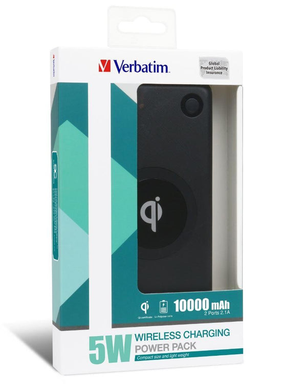 VERBATIM Li-polymer Qi 5W Wireless Charging Power Pack 10,000mAh - Black VERBATIM