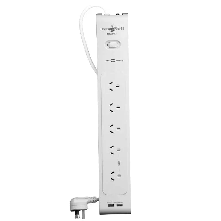 POWERSHIELD PSZ5U2 ZapGuard 5 Way Power Surge Filter Board, 2 x USB Connectors, Wide Spaced Sockets, Wall Mountable, White,$40,000 Connected Equipment POWERSHIELD