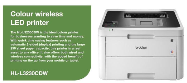 BROTHER HL-L3230CDW Colour LED Laser Printer with automatic 2-sided printing and wireless connectivity. 24ppm Mono and Colour, 250 sheets capacity BROTHER
