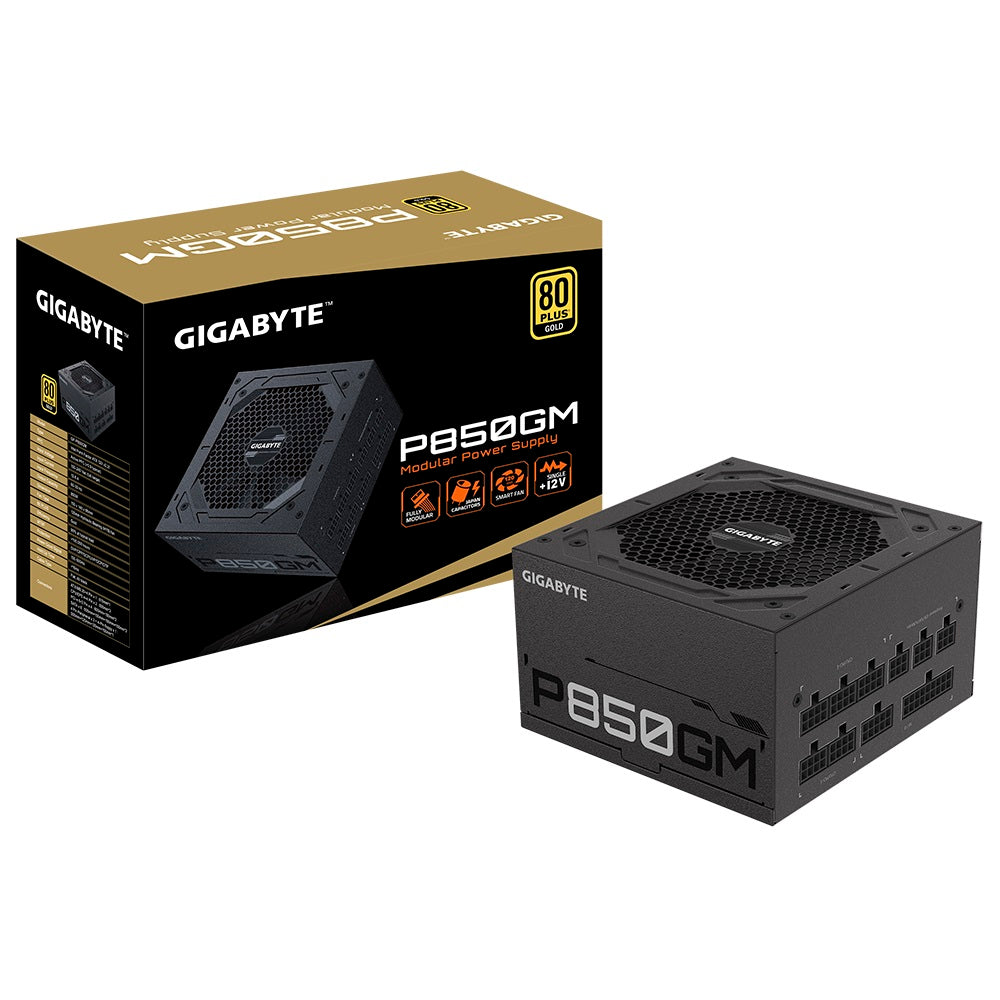 GIGABYTE P850GM 850W ATX PSU Power Supply 80+ Gold >90% Modular 120mm Fan Black Flat Cables Single +12V Rail Japanese Capacitors  >100K Hrs MTBF GIGABYTE