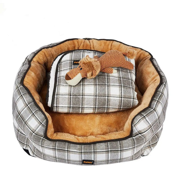 PaWz Pet Bed Set Dog Cat Quilted Blanket Squeaky Toy Calming Warm Soft Nest Checkered L Deals499