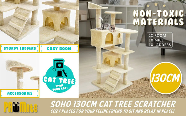 Paw Mate 130cm Beige Cat Tree Soho Multi Level Scratcher Deals499