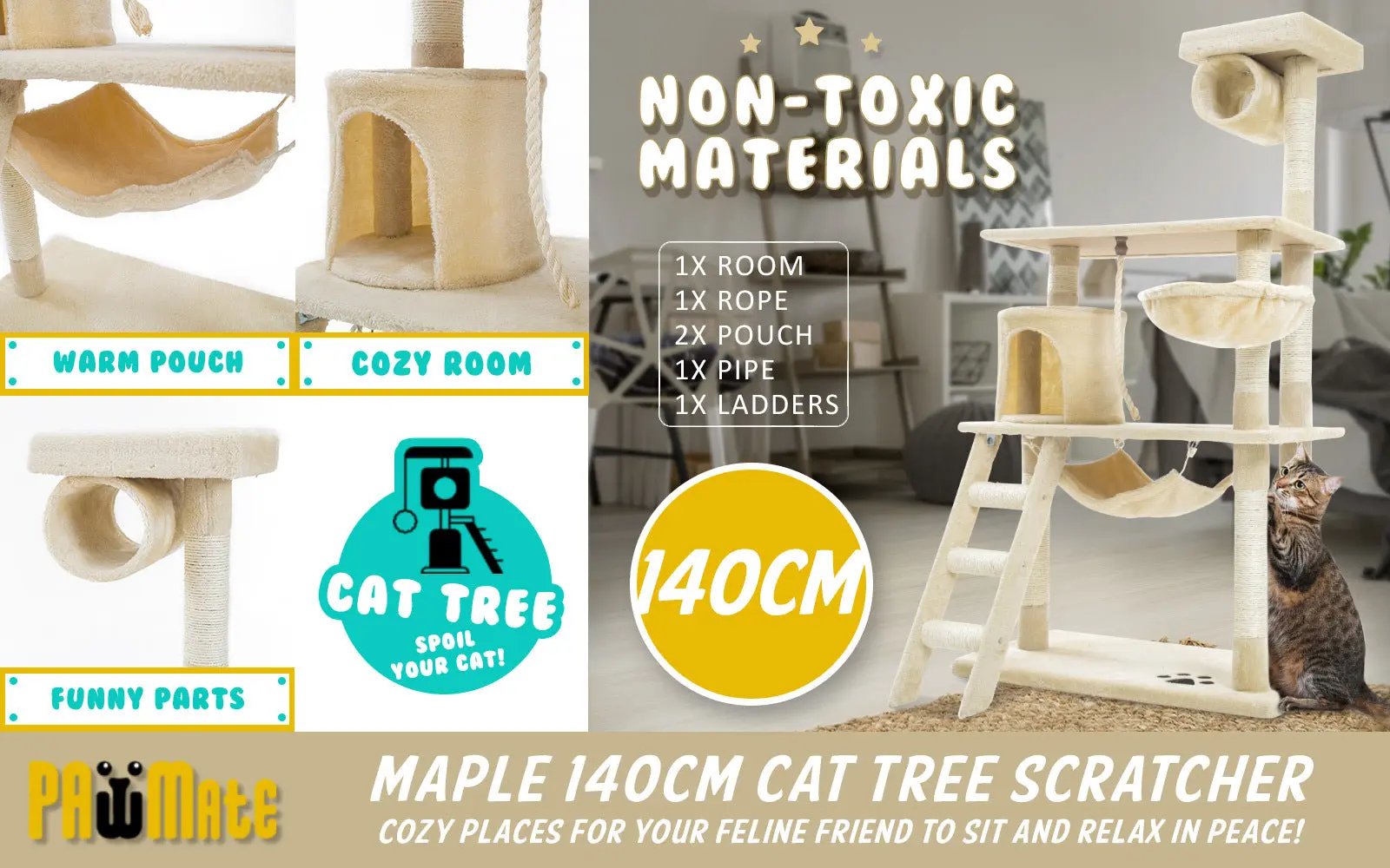 Paw Mate 140cm Beige Cat Tree Maple Multi Level Scratcher Deals499