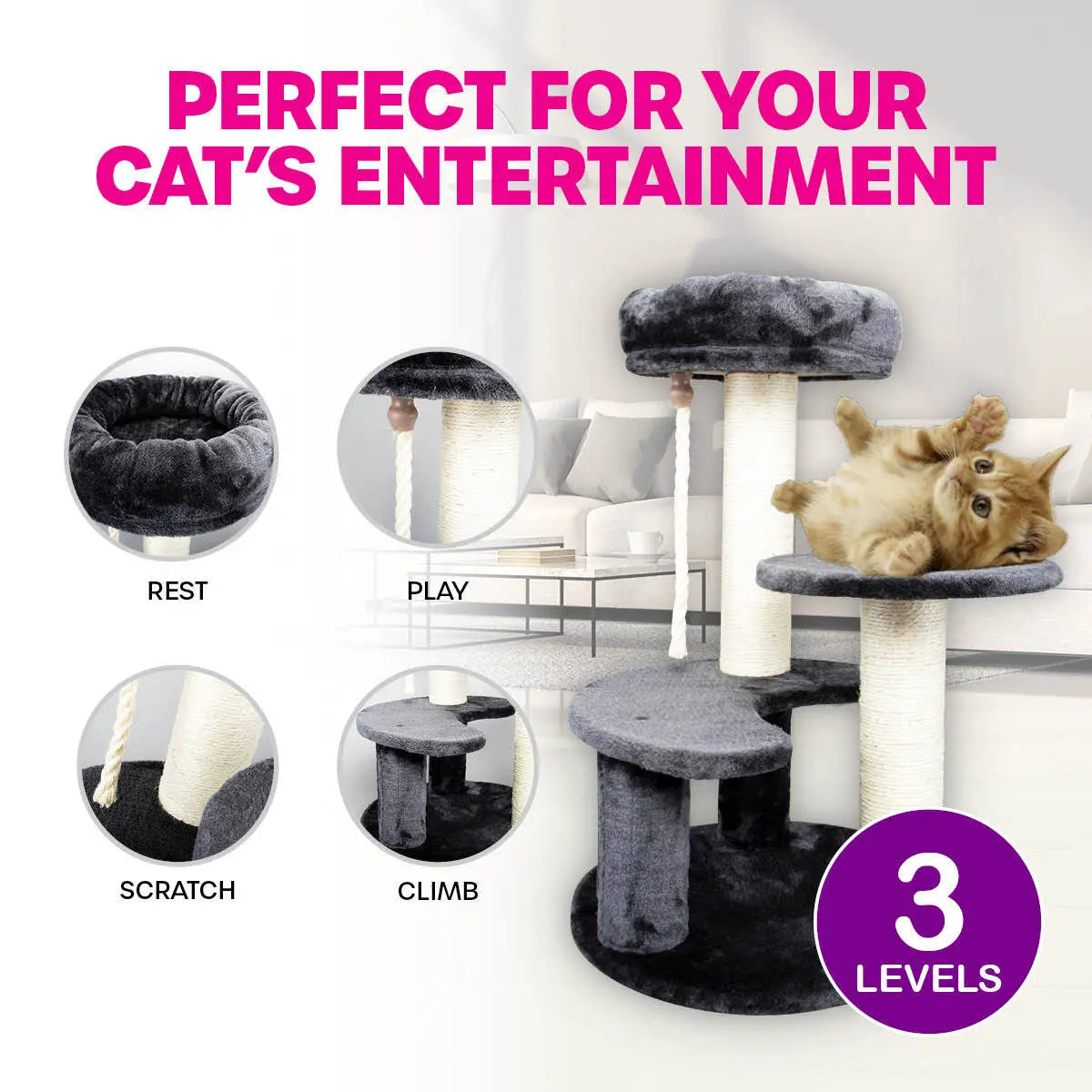 Pet Basic 3 Level Cat Scratching Tower & Cosy Bed Scratch Climb 65 x 40cm Deals499