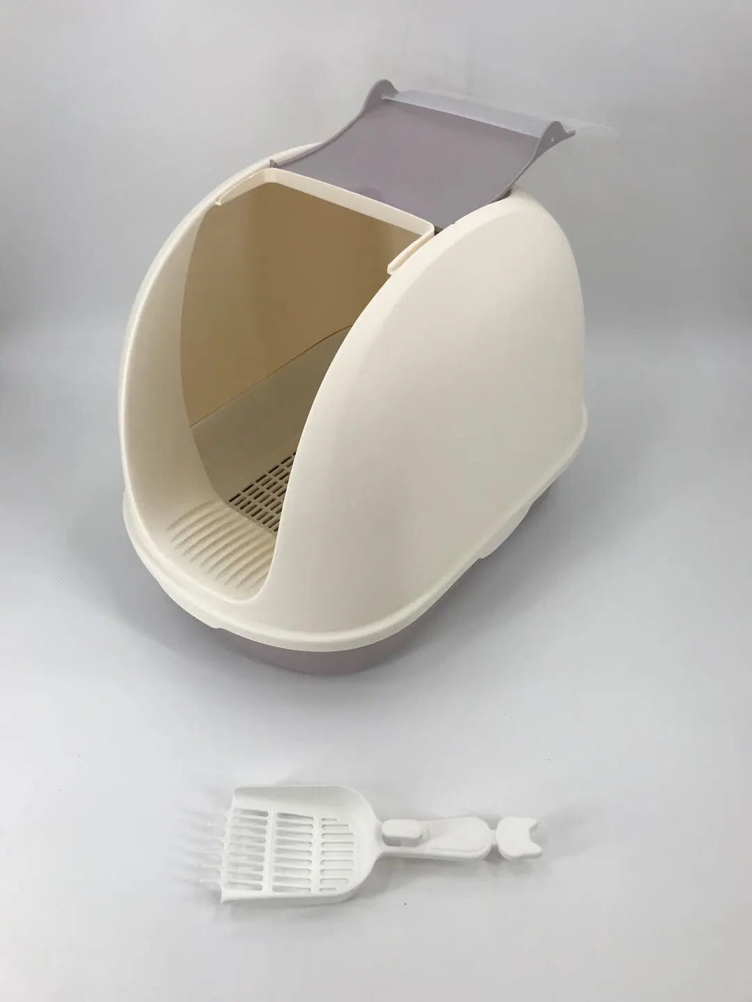 Portable Hooded Cat Toilet Litter Box Tray House with Scoop and Grid Tray White Deals499