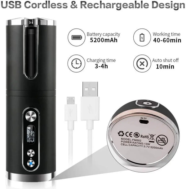 Portable Wireless Automatic Hair Curler for Travel with LED Temperature Display, Timer and USB Rechargeable (Black) Deals499