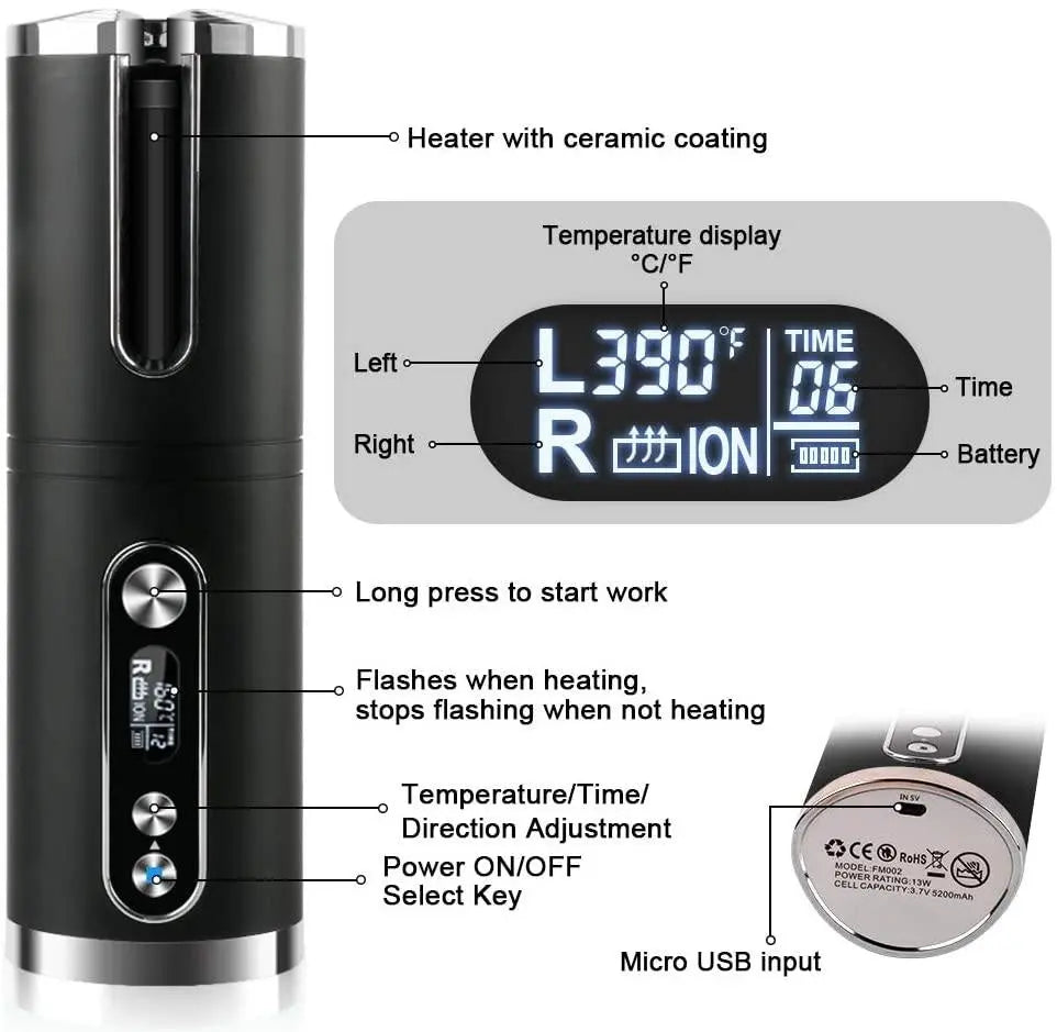 Portable Wireless Automatic Hair Curler for Travel with LED Temperature Display, Timer and USB Rechargeable (Black) Deals499