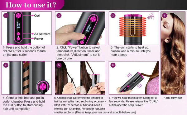 Portable Wireless Automatic Hair Curler for Travel with LED Temperature Display, Timer and USB Rechargeable (Pink) Deals499