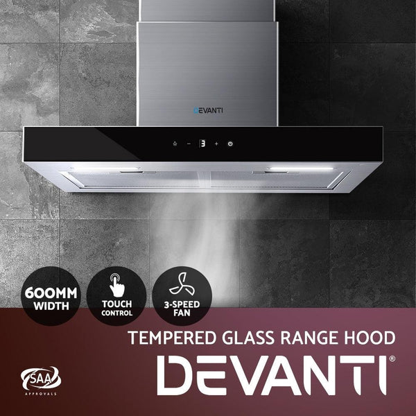 Devanti Rangehood 600mm Range Hood 60cm Stainless Steel Glass Kitchen Canopy Deals499