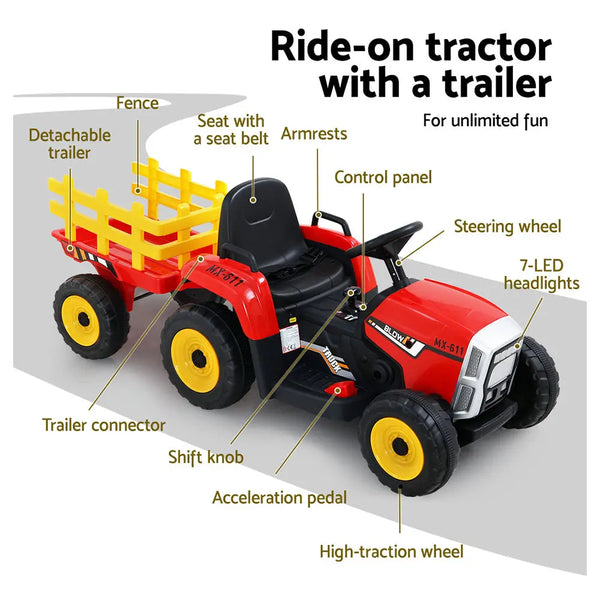 Rigo Ride On Car Tractor Trailer Toy Kids Electric Cars 12V Battery Red Deals499