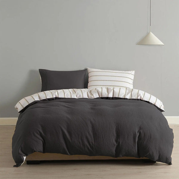 Royal Comfort Hemp Braid Cotton Blend Quilt Cover Set Reverse Stripe Bedding Charcoal Queen Deals499