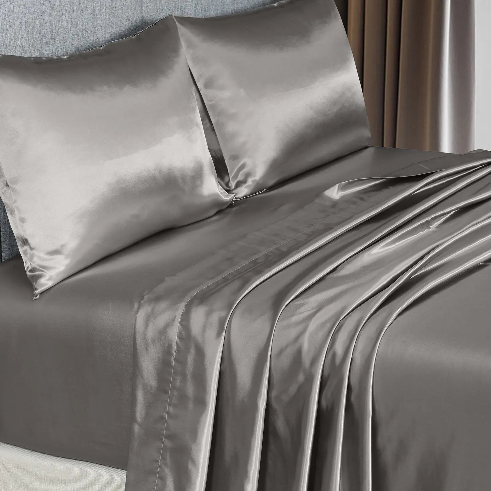 Royal Comfort Satin Sheet Set 4 Piece Fitted Flat Sheet Pillowcases  - King - Charcoal Deals499