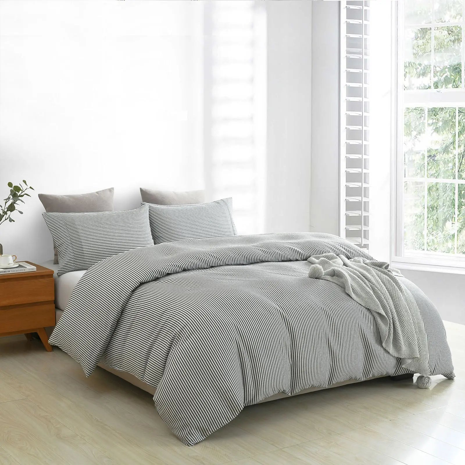 Royal Comfort Striped Flax Linen Blend Quilt Cover Set Soft Touch Bedding - Queen - Charcoal from Deals499 at Deals499