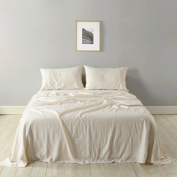 Royal Comfort Stripes Linen Blend Sheet Set Bedding Luxury Breathable Ultra Soft Beige King Deals499