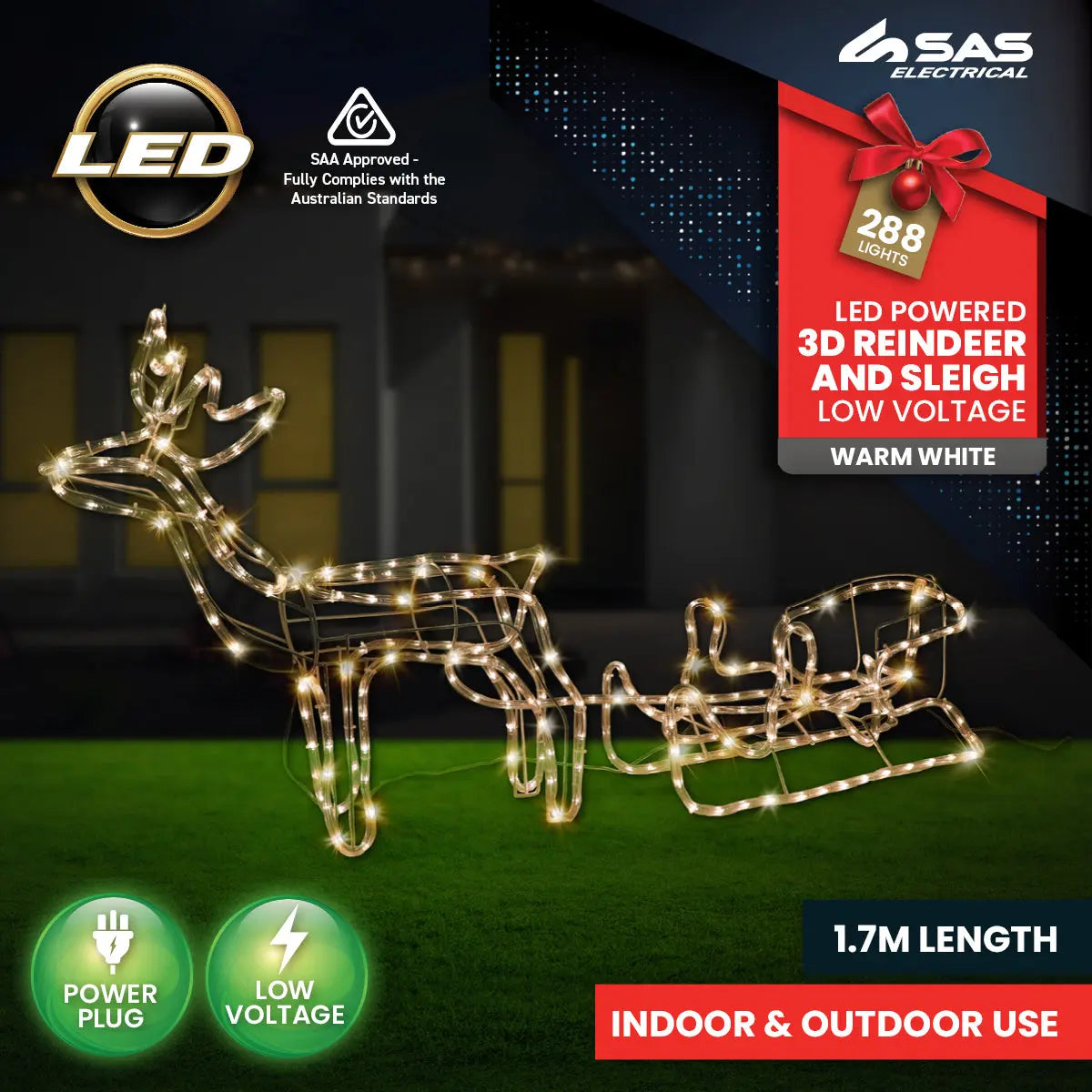 SAS Electrical 1.7m 3D Reindeer & Sleigh Display Warm White Rope Lights Deals499