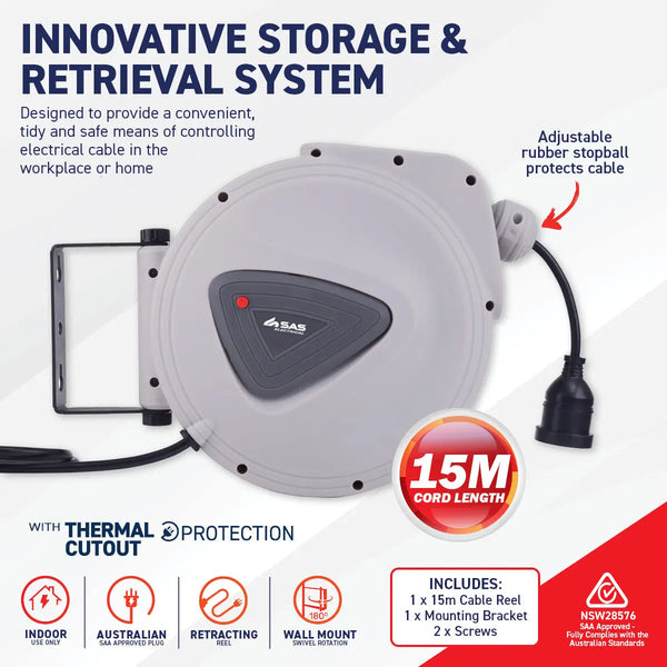 SAS Electrical 15m Retractable Electrical Cable Reel Swivel Mounting Bracket Deals499