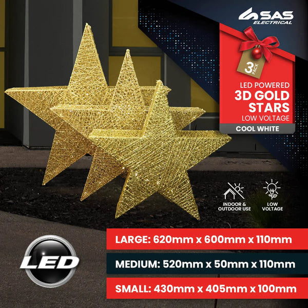 SAS Electrical 3PCE 3D Gold Stars Display Various Sizes Cool White Lighting Deals499