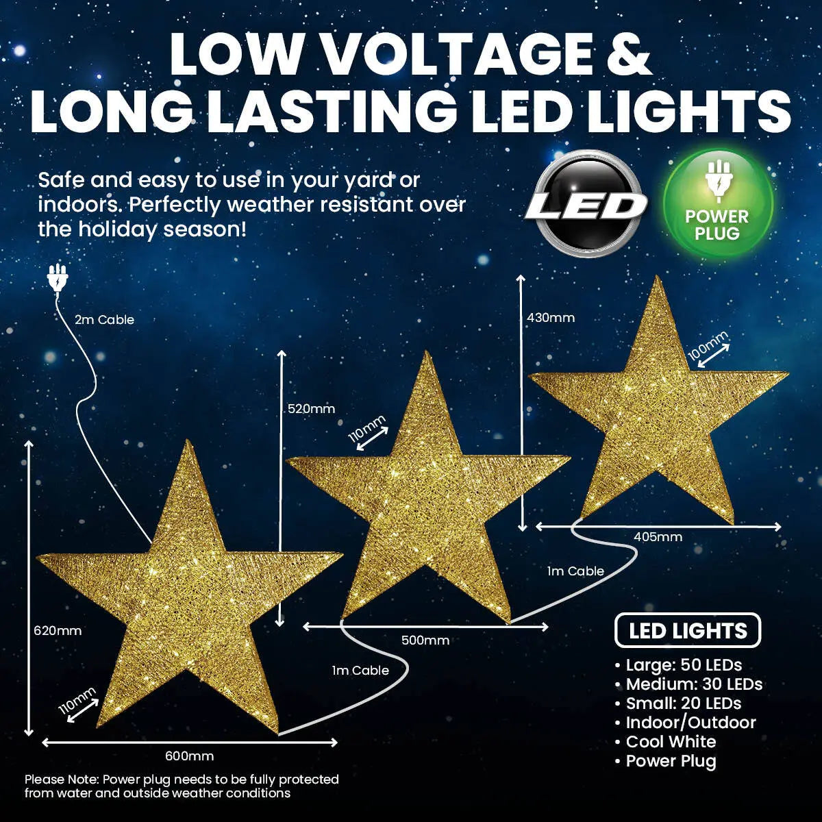 SAS Electrical 3PCE 3D Gold Stars Display Various Sizes Cool White Lighting Deals499