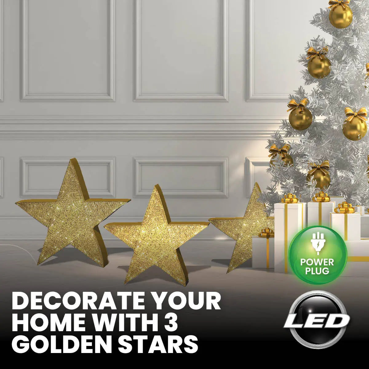 SAS Electrical 3PCE 3D Gold Stars Display Various Sizes Cool White Lighting Deals499