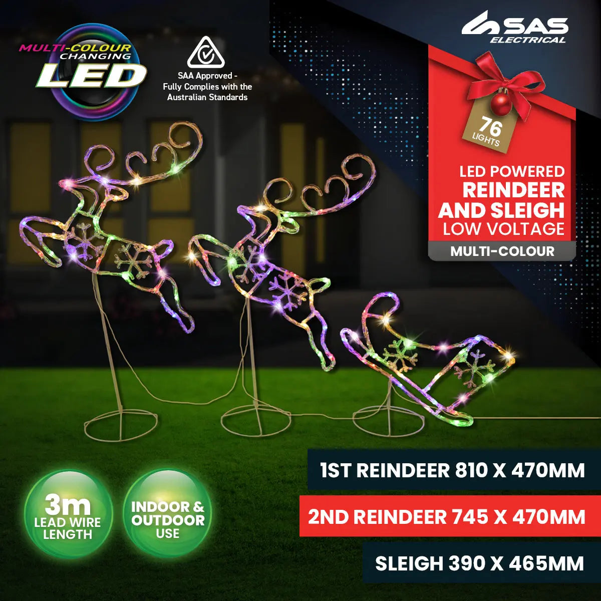 SAS Electrical 3m Reindeer & Sleigh Set Rope Light With Stands Multi-Colour Deals499