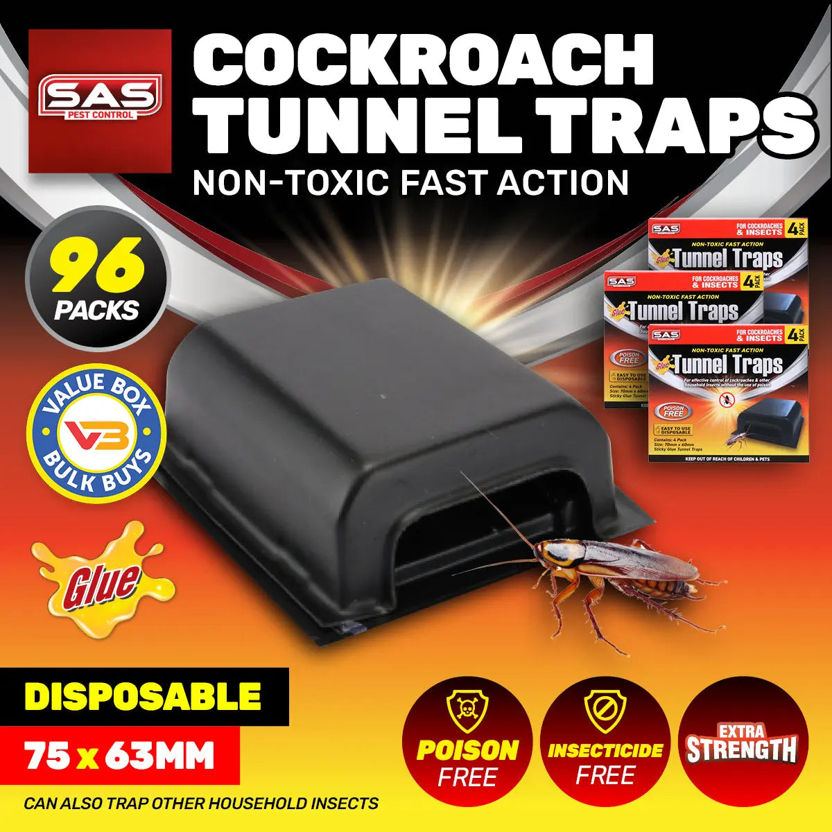 SAS Pest Control 96PCE Cockroach Tunnel Traps Non-Toxic Effective 75 x 63mm Deals499