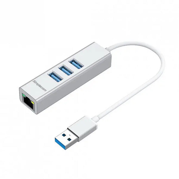 SIMPLECOM CHN420 Silver Aluminium 3 Port SuperSpeed USB HUB with Gigabit Ethernet Adapter - CBAT-USBCLAN SIMPLECOM
