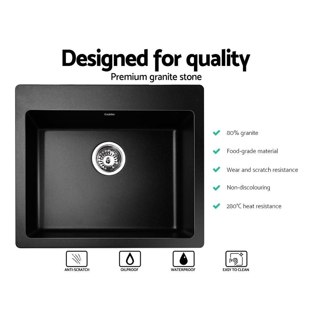 Cefito Stone Kitchen Sink 570x500MM Granite Under or Topmount Basin Bowl Laundry Black Deals499