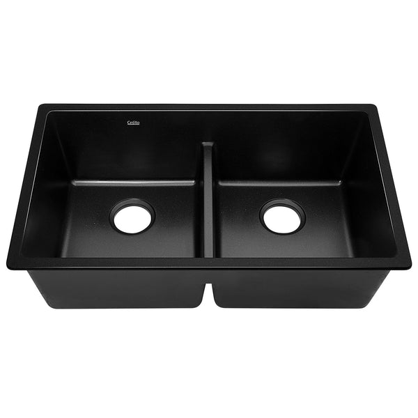 Cefito Stone Kitchen Sink 790X460MM Granite Under/Topmount Basin Double Bowl Black Deals499