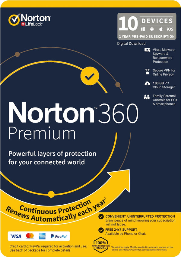 NORTON 360 Premium, 100GB, 1 User, 10 Devices, 12 Months, PC, MAC, Android, iOS, DVD, VPN, Parental Controls, Retail Edition - Subscription NORTON