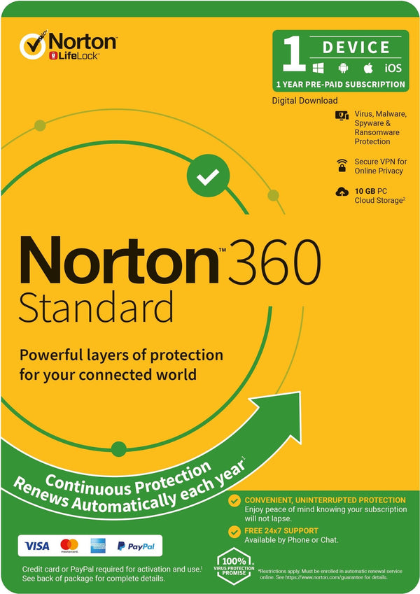 NORTON 360 Standard, 10GB, 1 User, 1 Device, 12 Months, PC, MAC, Android, iOS, DVD, VPN, Parental Controls, Retail Edition, Subscription NORTON