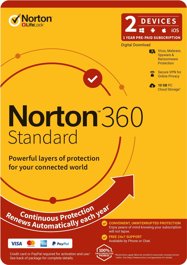 NORTON 360 Standard, 10GB, 1 User, 2 Devices, 12 Months, PC, MAC, Android, iOS, DVD, Subscription NORTON