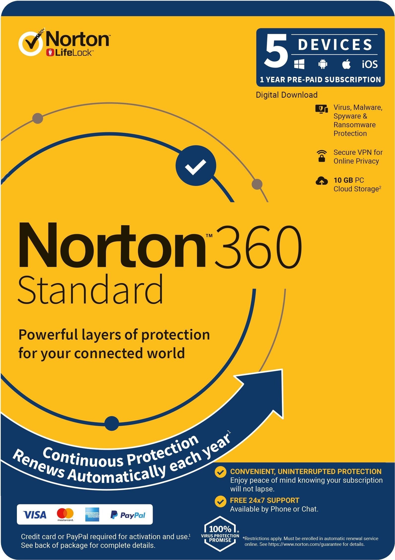 NORTON 360 Standard, 10GB, 1 User, 5 Devices, 12 Months, PC, MAC, Android, iOS, DVD, Subscription NORTON