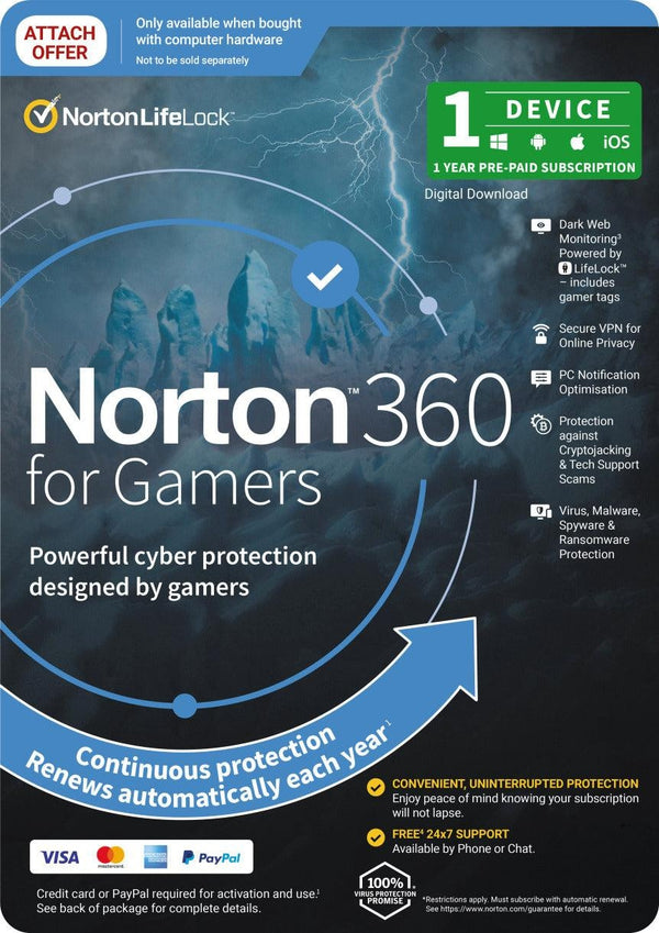 NORTON 360 for Gamer Edition, 1 Device, MAC, IOS, Android, PC, OEM Attach, Subscription Only NORTON